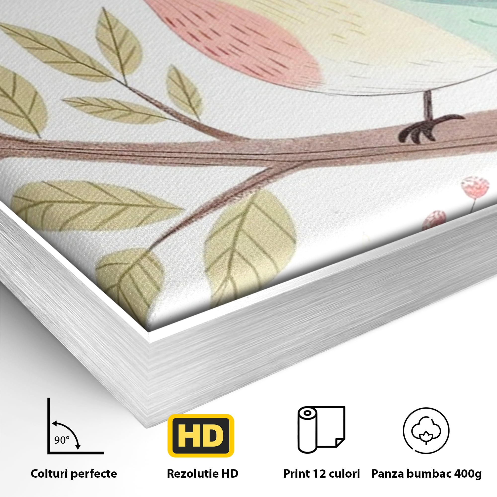 Detaliu al suprafetei: tablou canvas cu pasare pe ramura, in rama de aluminiu argintiu